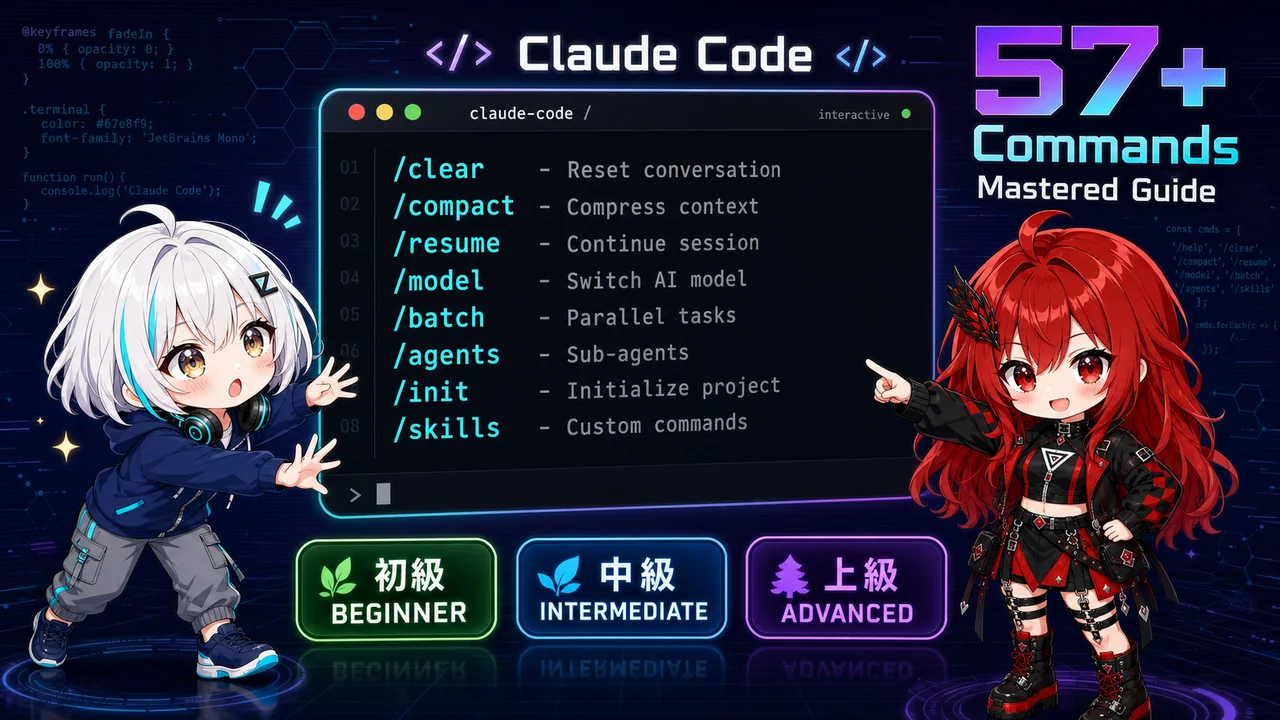Claude Code スラッシュコマンド完全ガイド — 57+コマンド・初級〜上級レベル別解説