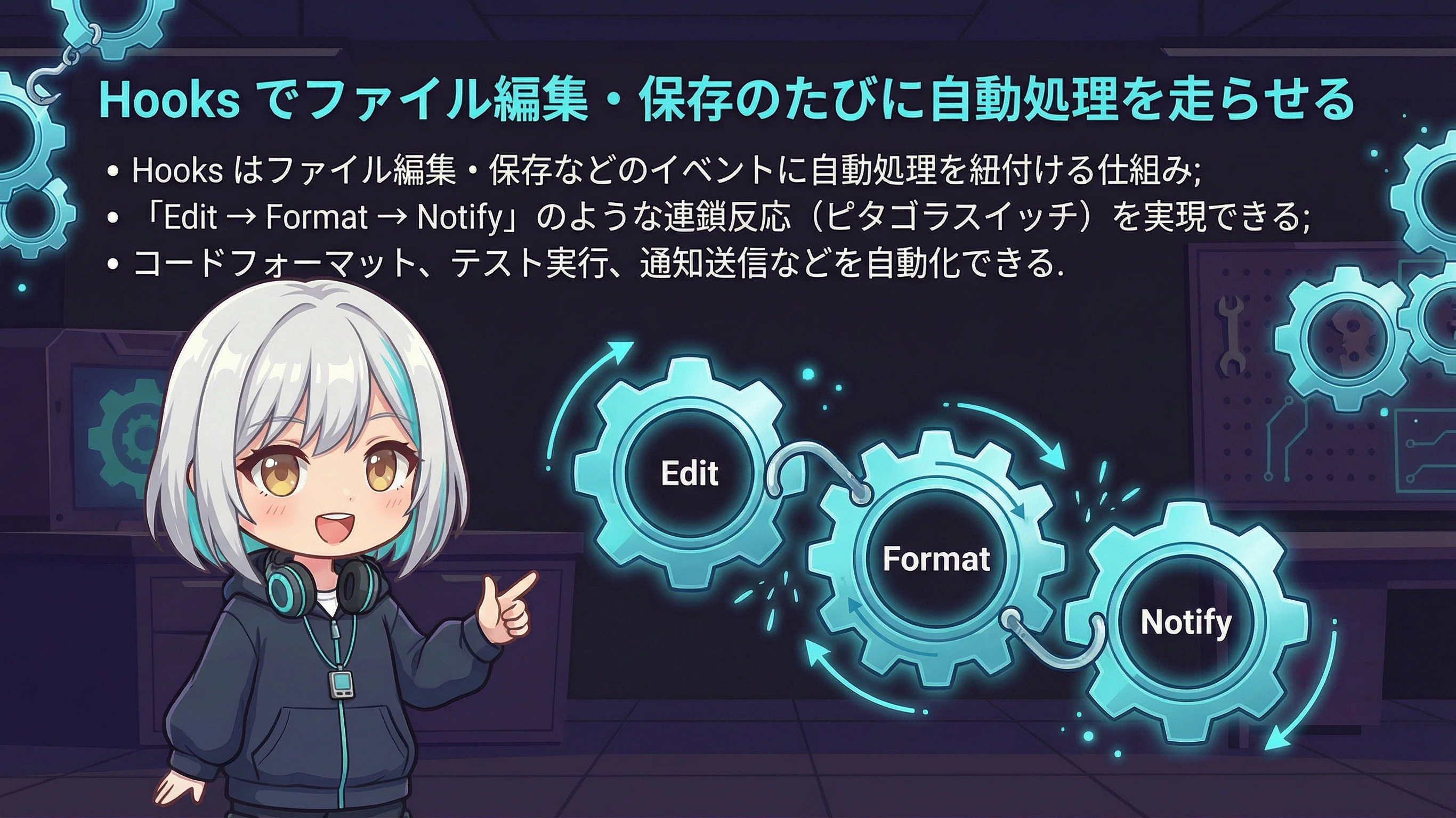 歯車とフックの連鎖が連動する自動化イメージ