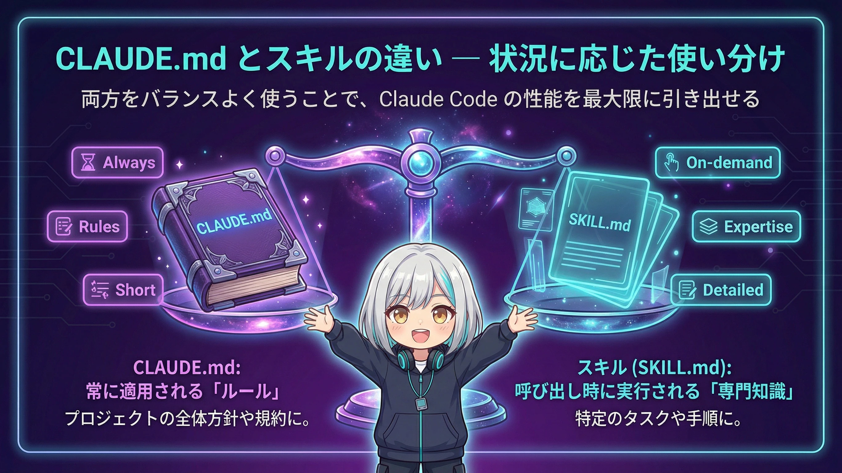 CLAUDE.mdとスキルを天秤で比較している