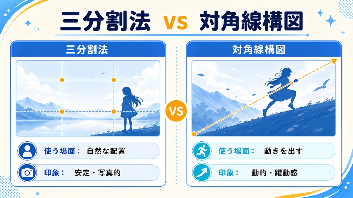 三分割法と対角線構図の比較