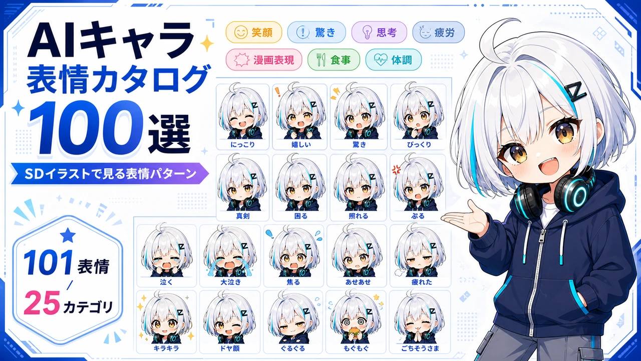 AIキャラ表情カタログ 100選 — インフォグラフィック付きプロンプト集