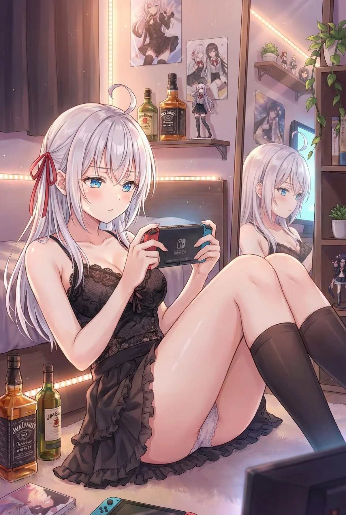 Alisa Kujou (Arya) from "Alya Sometimes Hides Her Feelings in Russian" plays Nintendo Switch in cozy loungewear. Soft lighting creates a charming, intimate room atmosphere.