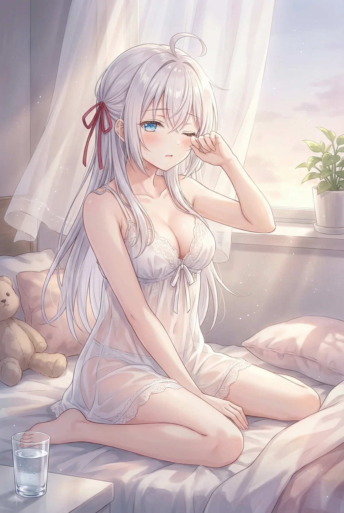 『ロシア語でデレる隣のアーリャさん』のアーリャが、朝日に包まれ白いネグリジェ姿で目を擦りながら目覚める瞬間。寝起きのあどけない表情が魅力的です。