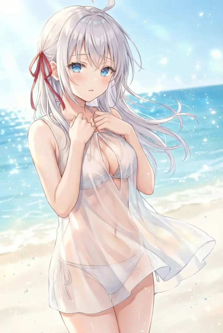 【アーリャ】夏のまぶしいビーチで恥じらう白水着