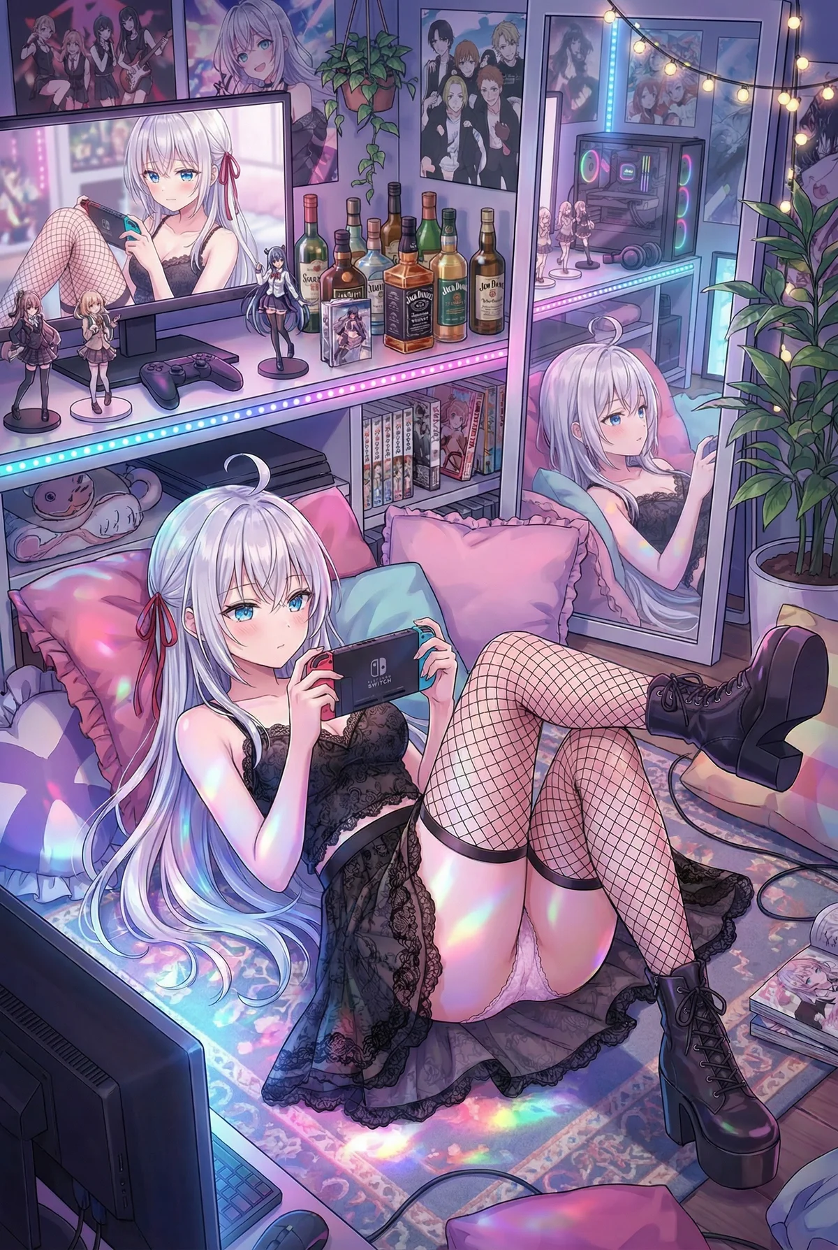 "Roshidere's" Alisa Kujou enjoys a captivating gaming night in her vibrant room. Sporting black lace lingerie, fishnets, and boots while playing Nintendo Switch.