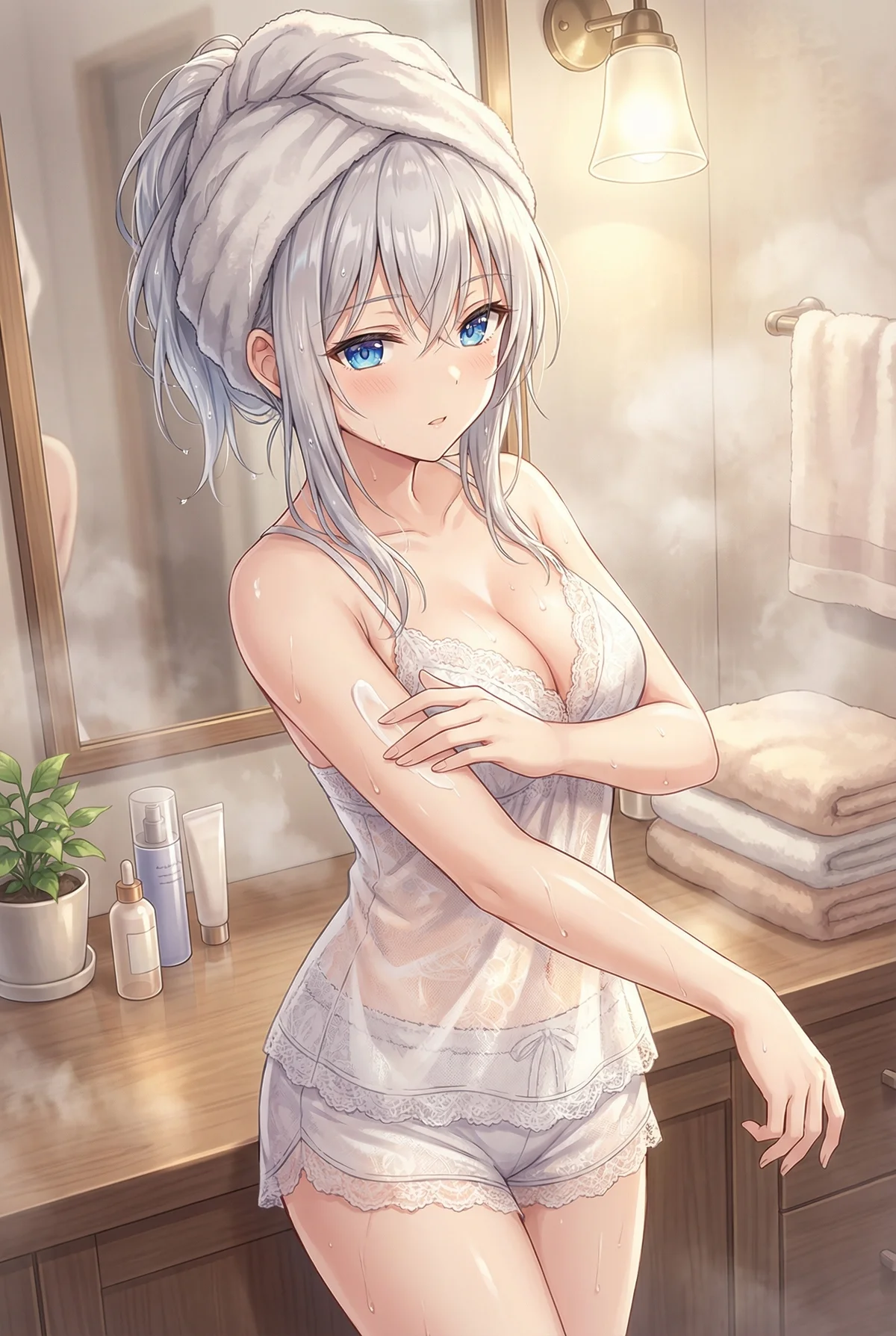 Alisa Kujou from "Roshidere" applies body lotion after a bath. Her shy expression in the steamy bathroom highlights her radiant skin.