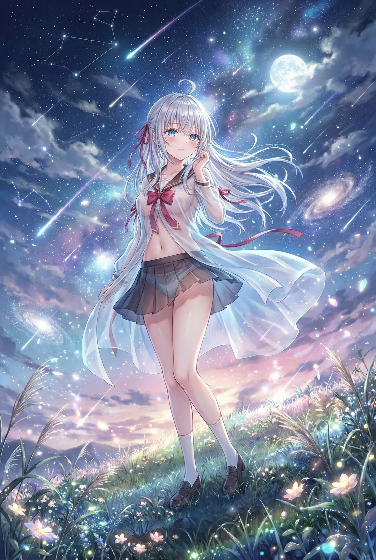 「ロシア語でデレる隣のアーリャさん」のアーリャが、満月と流星が降り注ぐ幻想的な夜空の下、輝く草花に囲まれ微笑む美しいイラスト。透け感のある衣装も魅力的です。