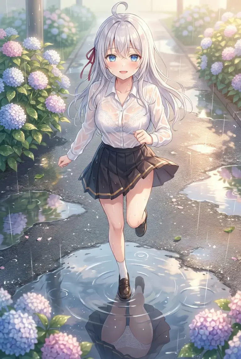 【アーリャ】雨上がりの制服姿と輝く紫陽花