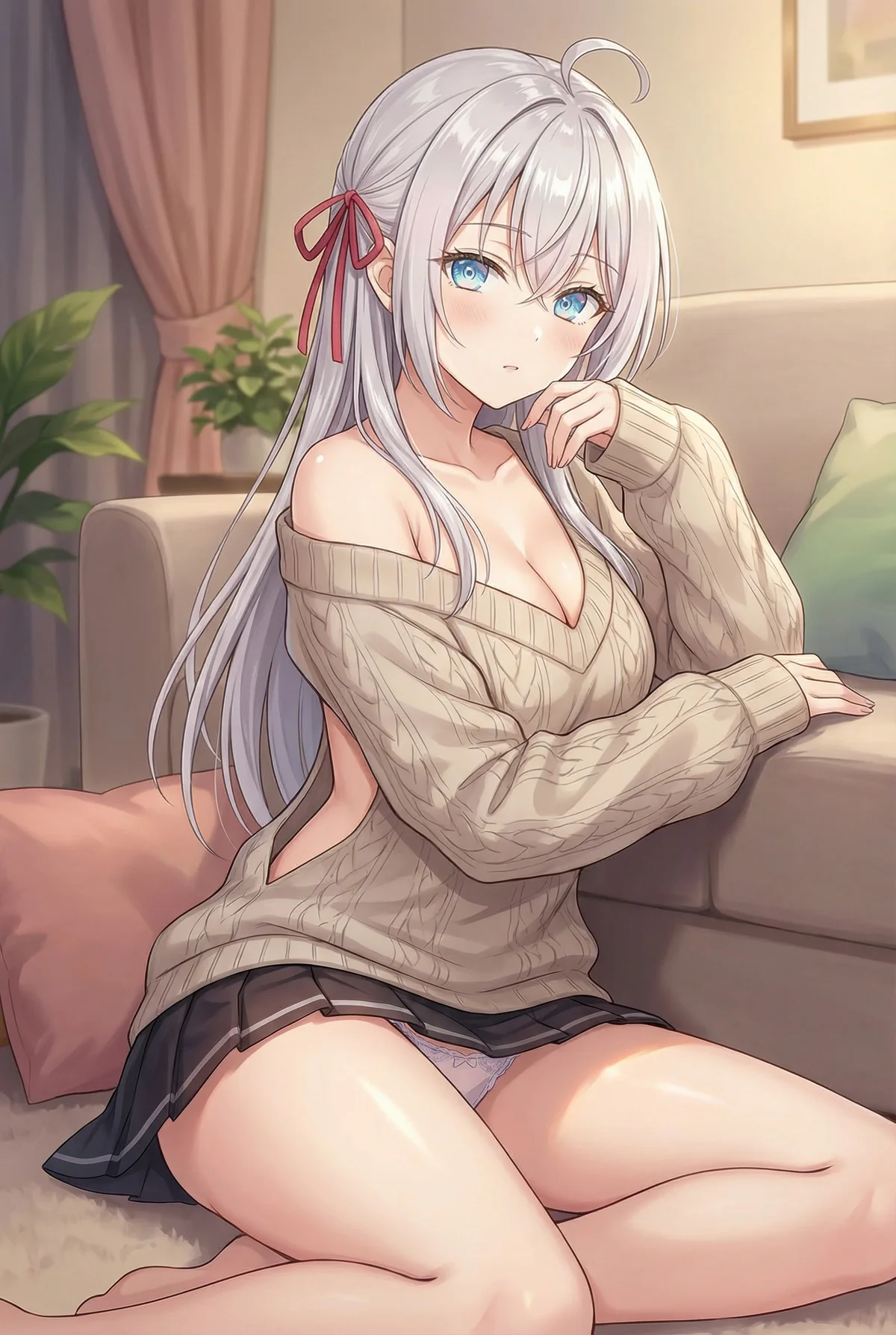 アリサ・ミハイロヴナ・九条が自宅でくつろぐ、オフショルダーのニット姿。ソファにもたれて座り、恥じらいのある表情でこちらを見つめています。デレる一面が可愛い一枚。