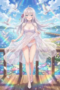 Alya in a dreamlike white dress by the water under rainbows