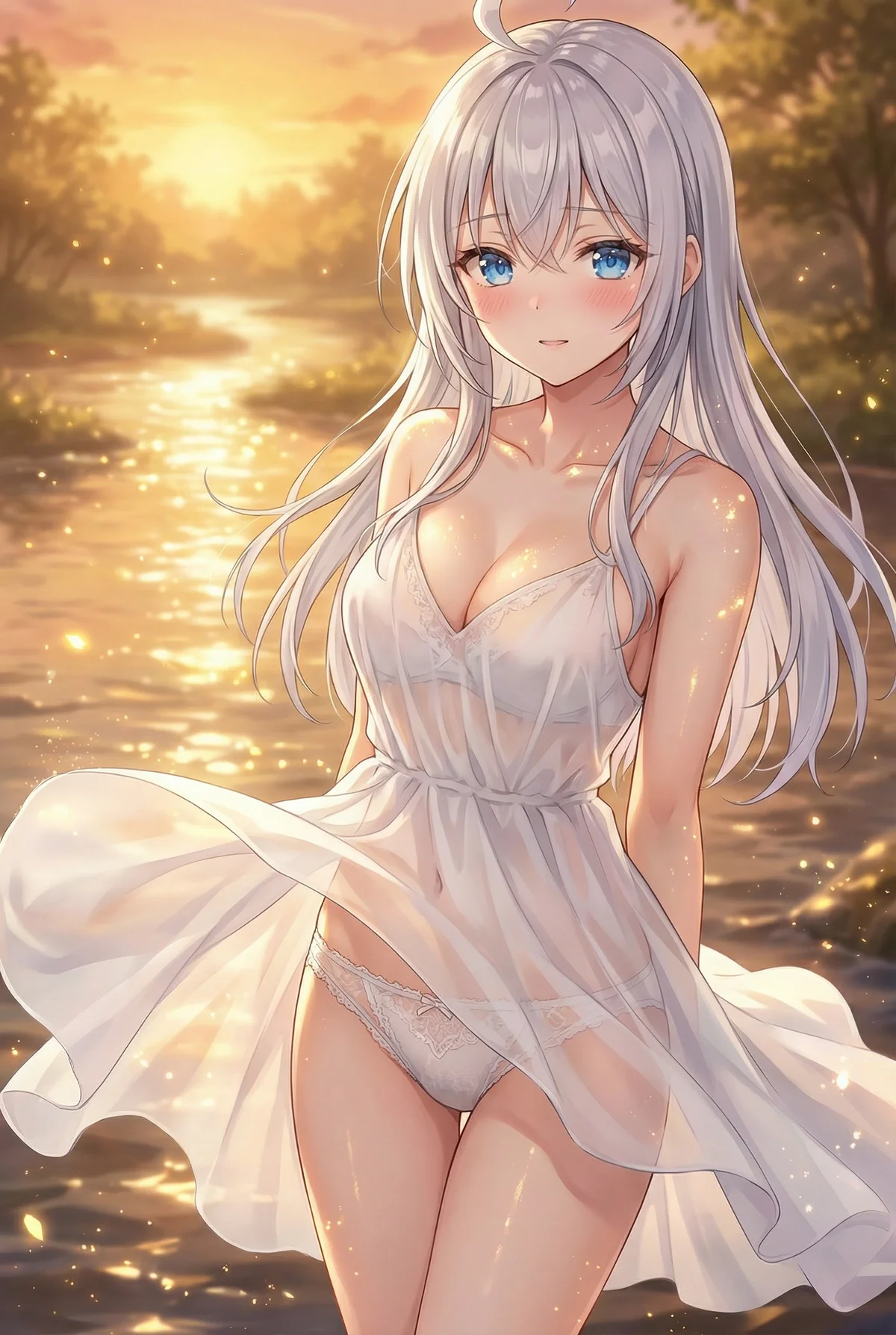 「ロシア語でデレる隣のアーリャさん」のアーリャが、夕焼けに染まる水辺で白いワンピースを纏っています。光に透ける軽やかな生地が彼女の美しさを際立たせ、幻想的な雰囲気を醸し出しています。