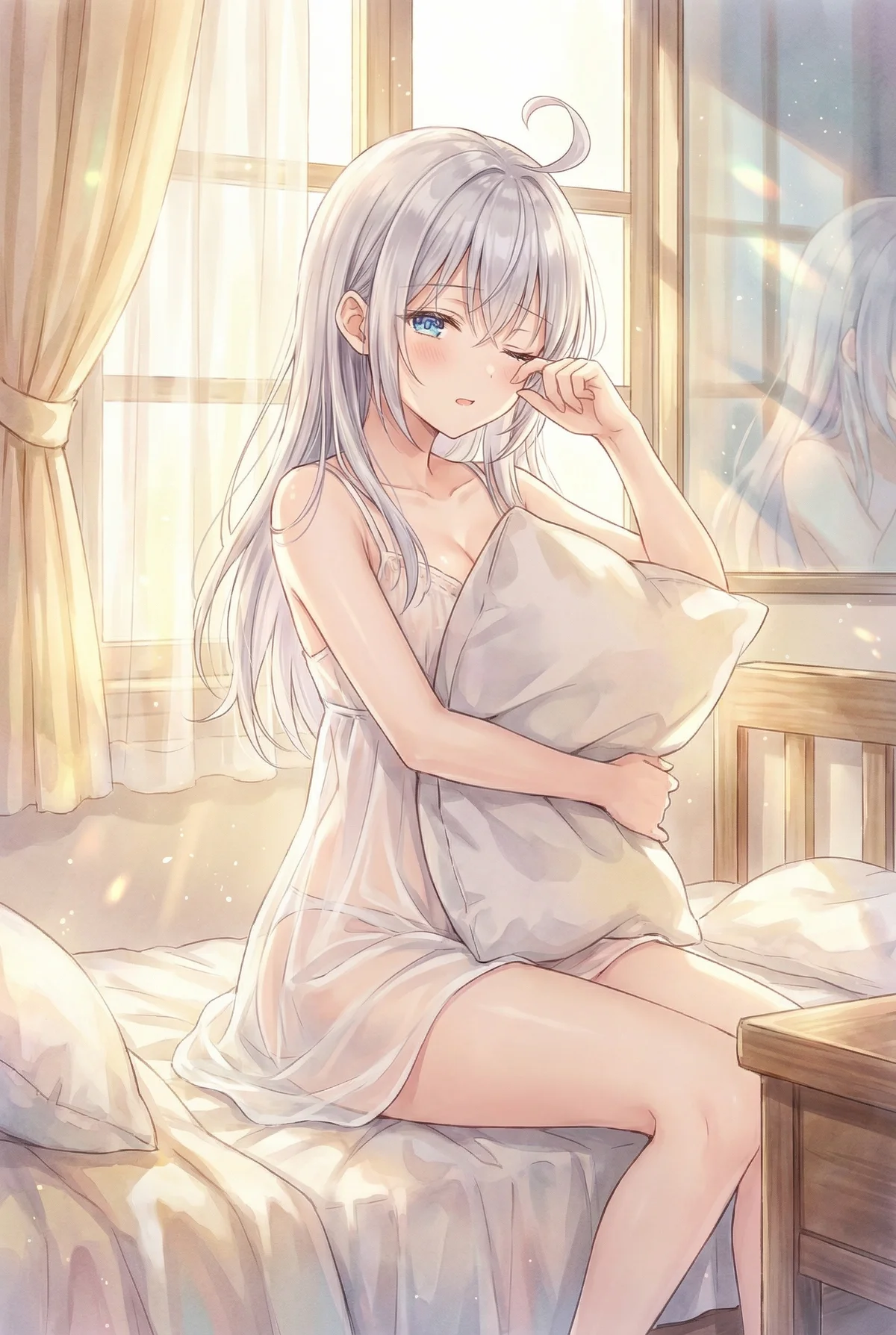 Alisa Kujou, or Alya-san from "Alya Sometimes Hides Her Feelings in Russian," caught in a lovely morning scene. Bathed in soft sunlight, she gently rubs her sleepy eyes, her sheer loungewear highlighting her innocent charm.
