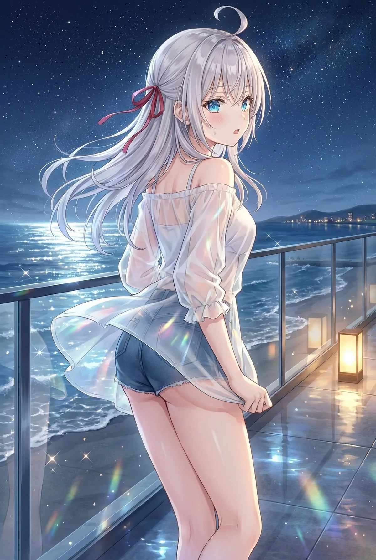 Alisa Kujou from "Roshidere" on a balcony, admiring the starry night ocean. Her shy expression in a sheer off-shoulder top and denim shorts is captivating.