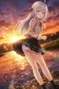 【アーリャ】夕焼け水辺ではにかむ制服姿