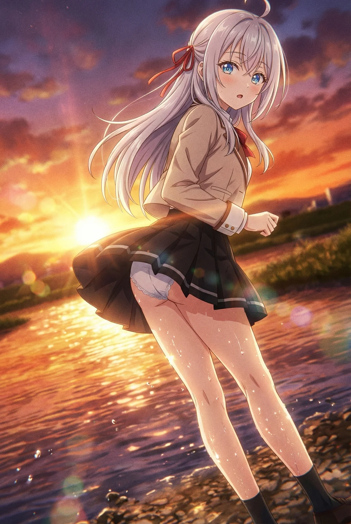 「ロシア語でデレる隣のアーリャさん」のアーリャが、夕焼けを背景に水辺ではにかむ姿。濡れた足元と風になびくスカートが印象的です。