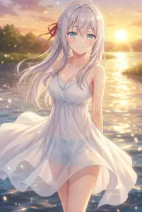 【アーリャ】夕焼けと白いドレス、水辺の微笑み