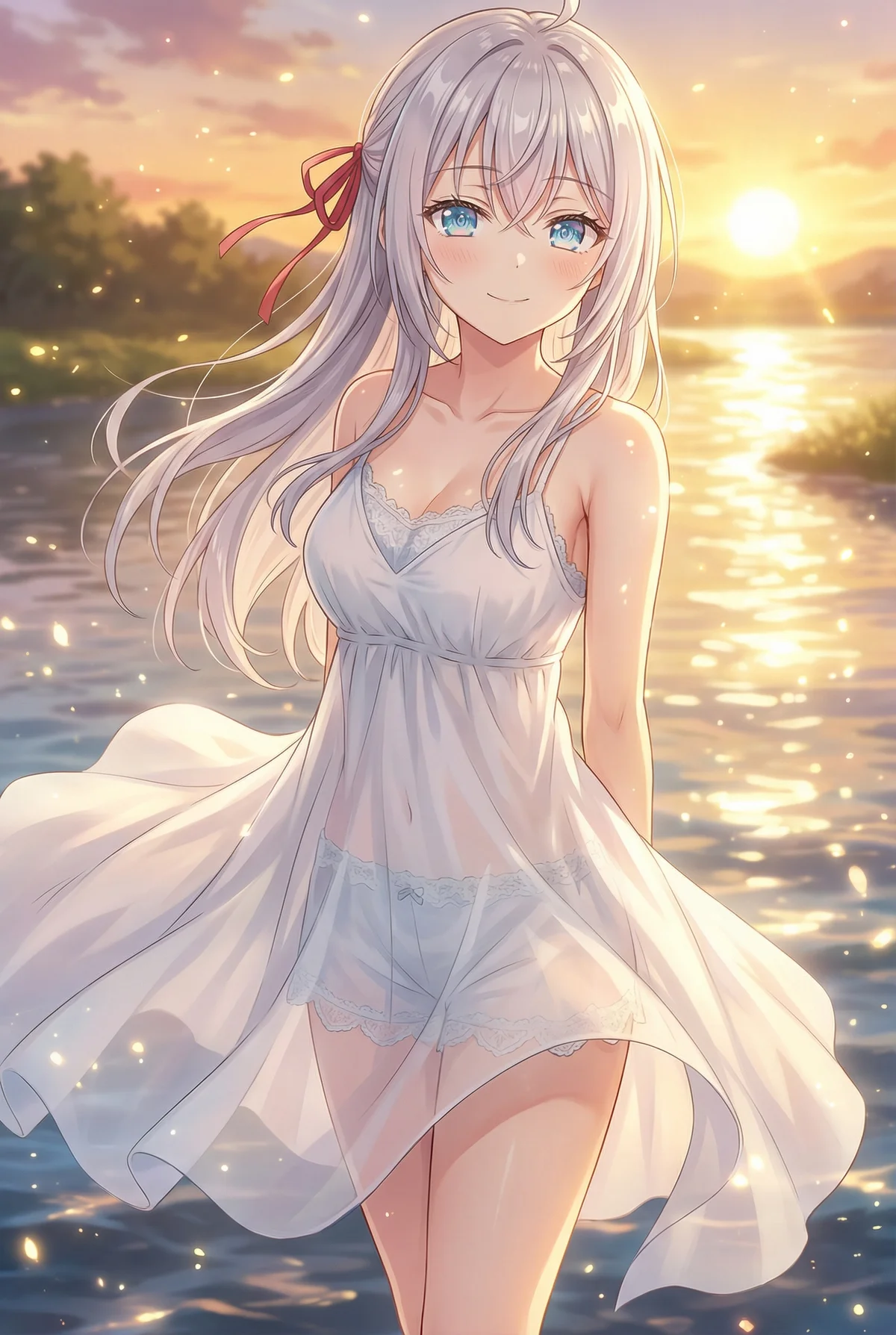 夕焼けに照らされた水辺に立つアーリャさん。透き通るような白いドレスをまとい、優しく微笑む姿が印象的です。水面に反射する夕陽が美しく輝き、幻想的な雰囲気を醸し出しています。