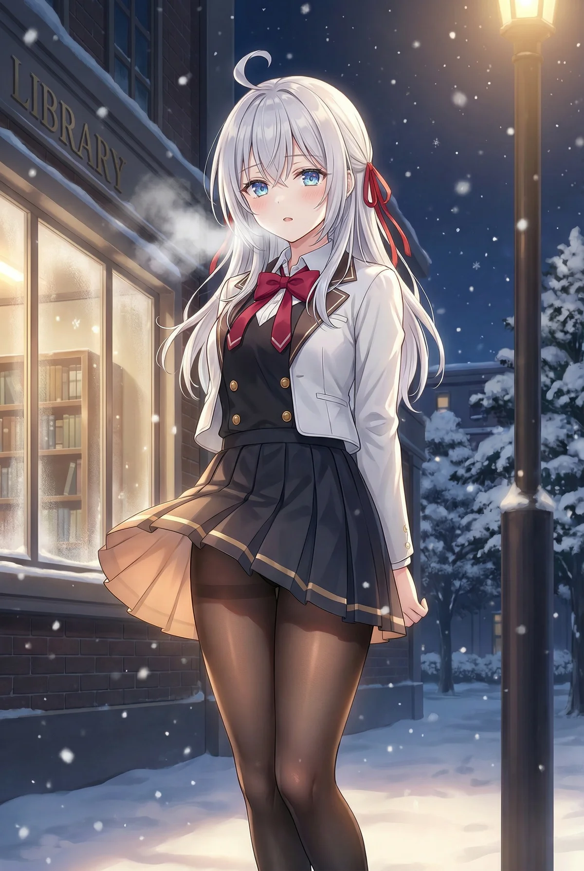 『ロシア語でデレる隣のアーリャさん』のアリサ・ミハイロヴナ・九条が、雪降る冬の夜の図書館前で制服姿を披露。白い息が寒さを物語るも、その可憐な立ち姿は見る者を惹きつけます。