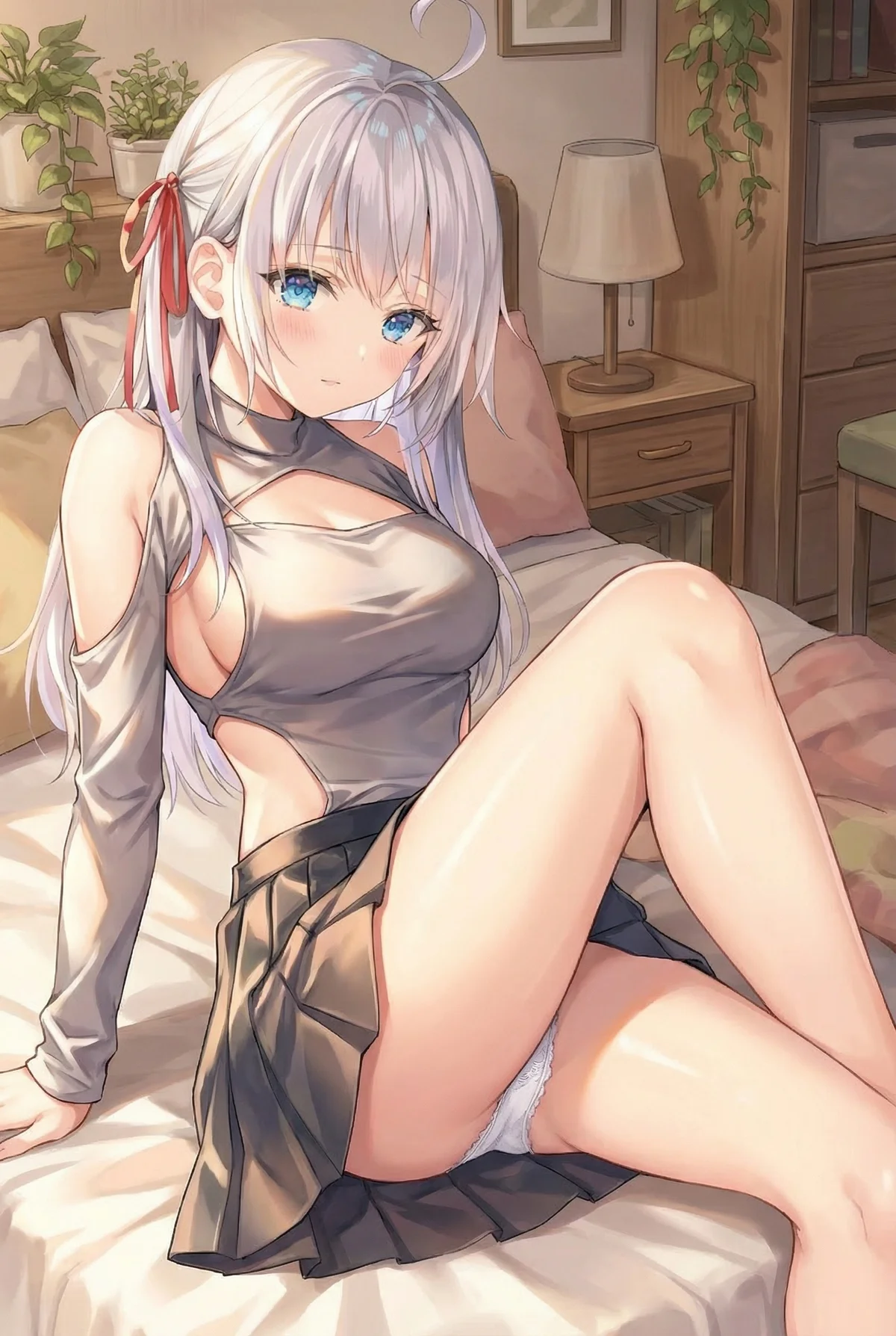Roshidere's Alya (Arisa Kujou) relaxes on her bed in a bold, cut-out top and skirt. Her shy blush creates a charming, private moment in her room.