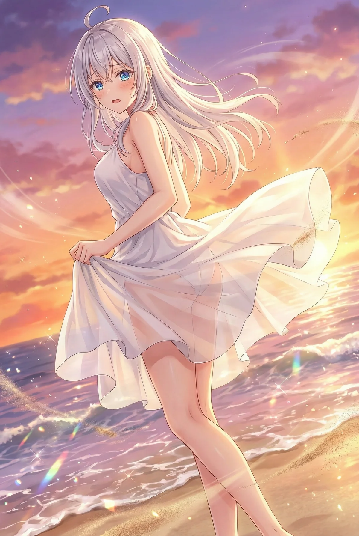 Alya (Arisa Kujou) from 'Alya Sometimes Hides Her Feelings in Russian' on a sunset beach. Her white dress flutters, and she gives a shy glance with sparkling waves.