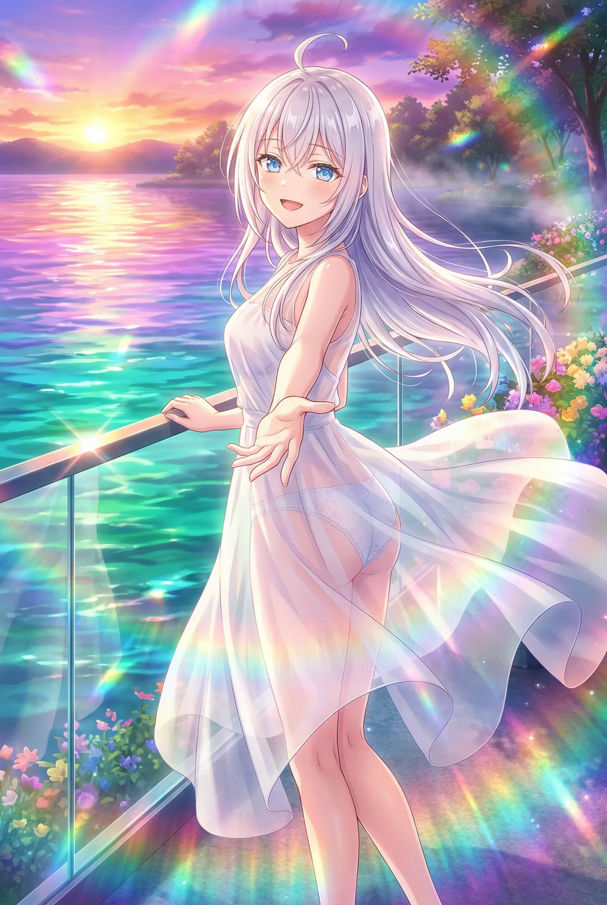 「ロシア語でデレる隣のアーリャさん」のアーリャが、夕焼けの湖畔で白く透けるドレスを纏い、虹色の光に包まれながら優しく微笑み、手を差し伸べる美しいイラスト。