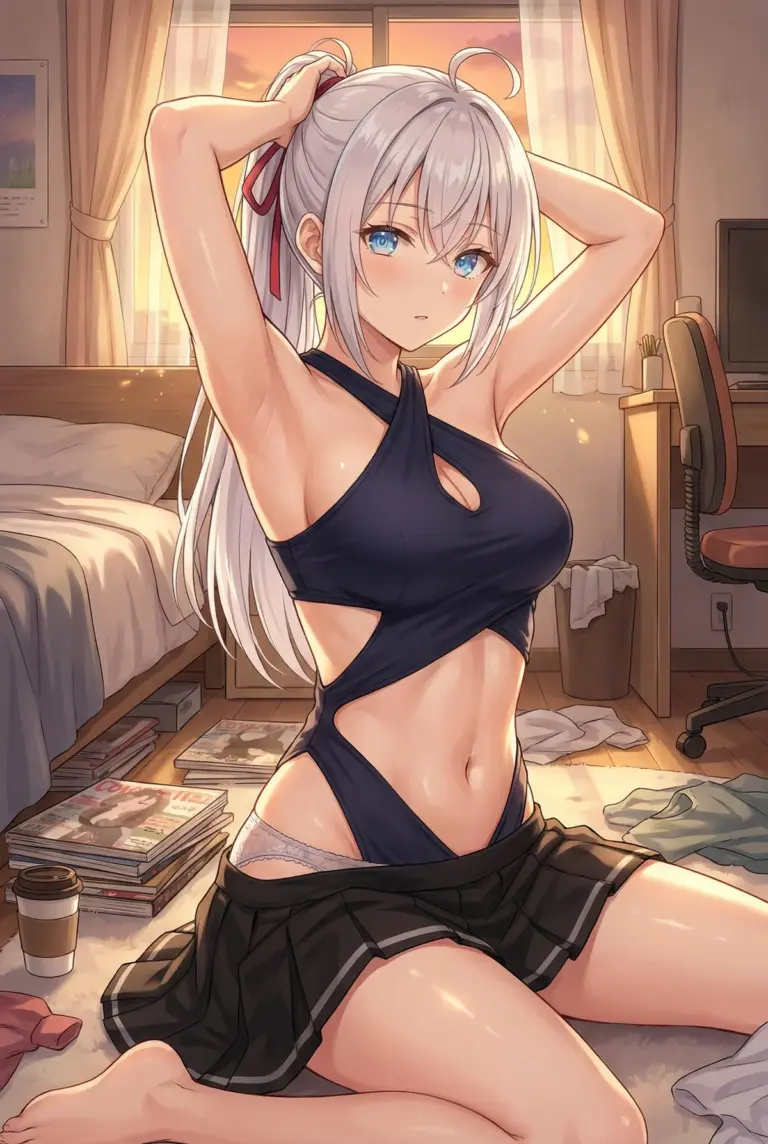 【アーリャ】夕暮れに部屋で髪を結ぶ水着姿