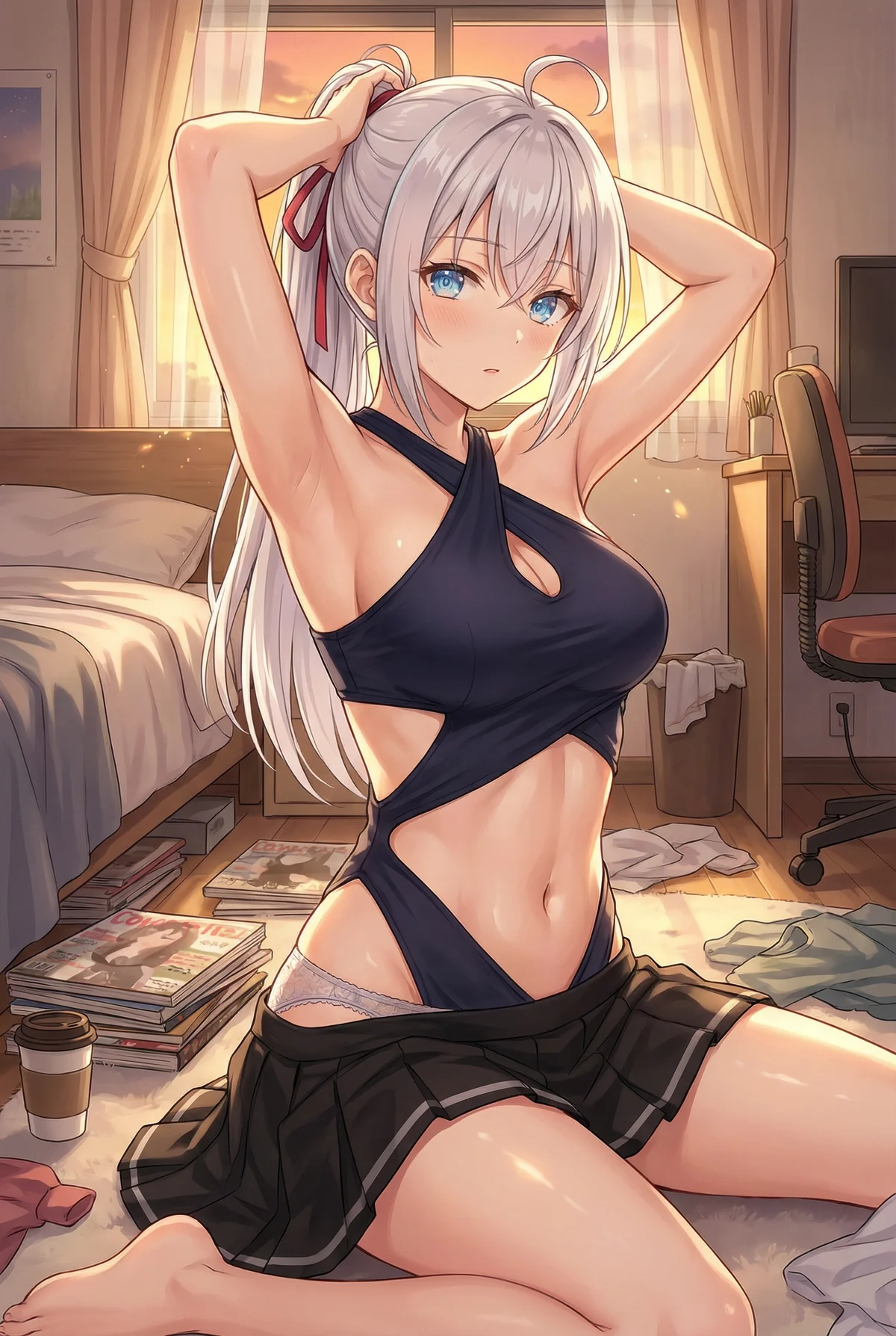 『ロシア語でデレる隣のアーリャさん』のアーリャが、夕暮れの部屋で髪を結い上げるプライベートな瞬間。水着のような衣装とミニスカート姿で、少し恥じらう表情が魅力的です。