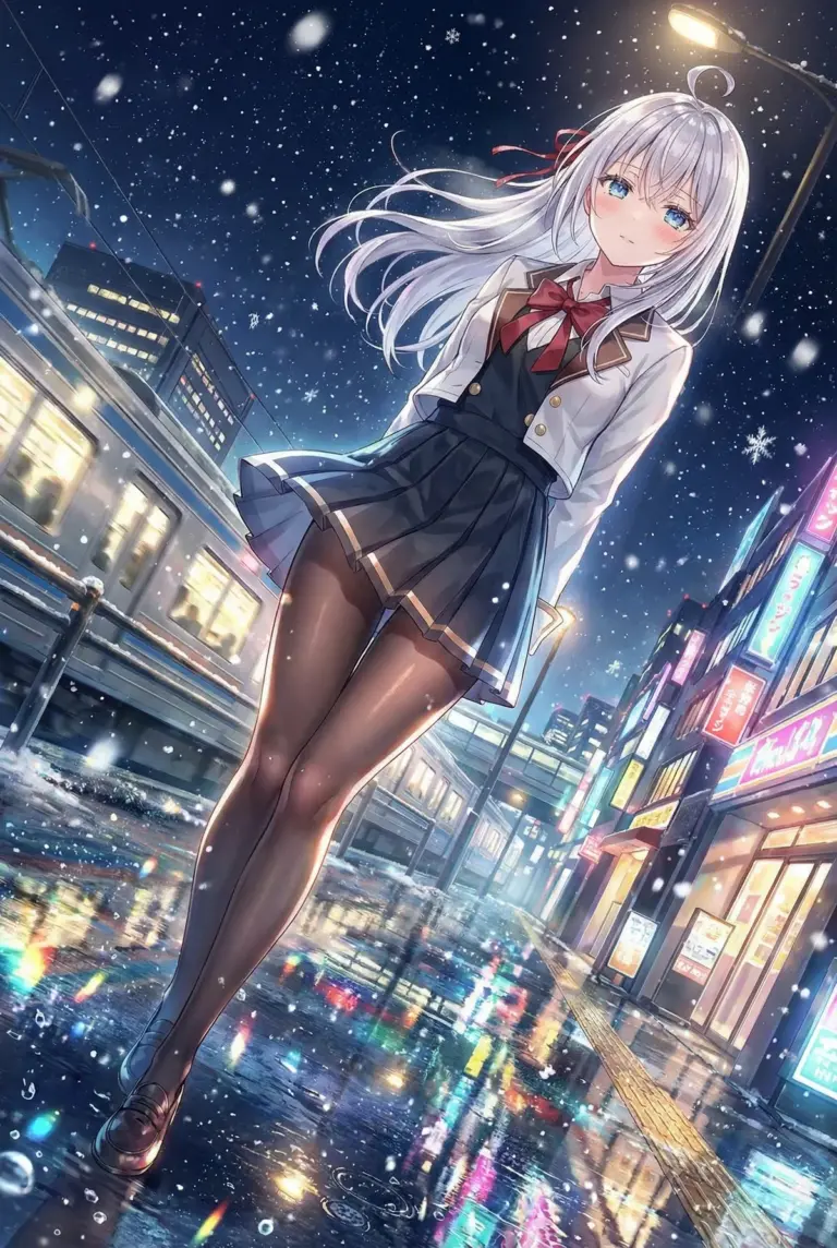 【アーリャ】雪降る夜の街で微笑む制服姿