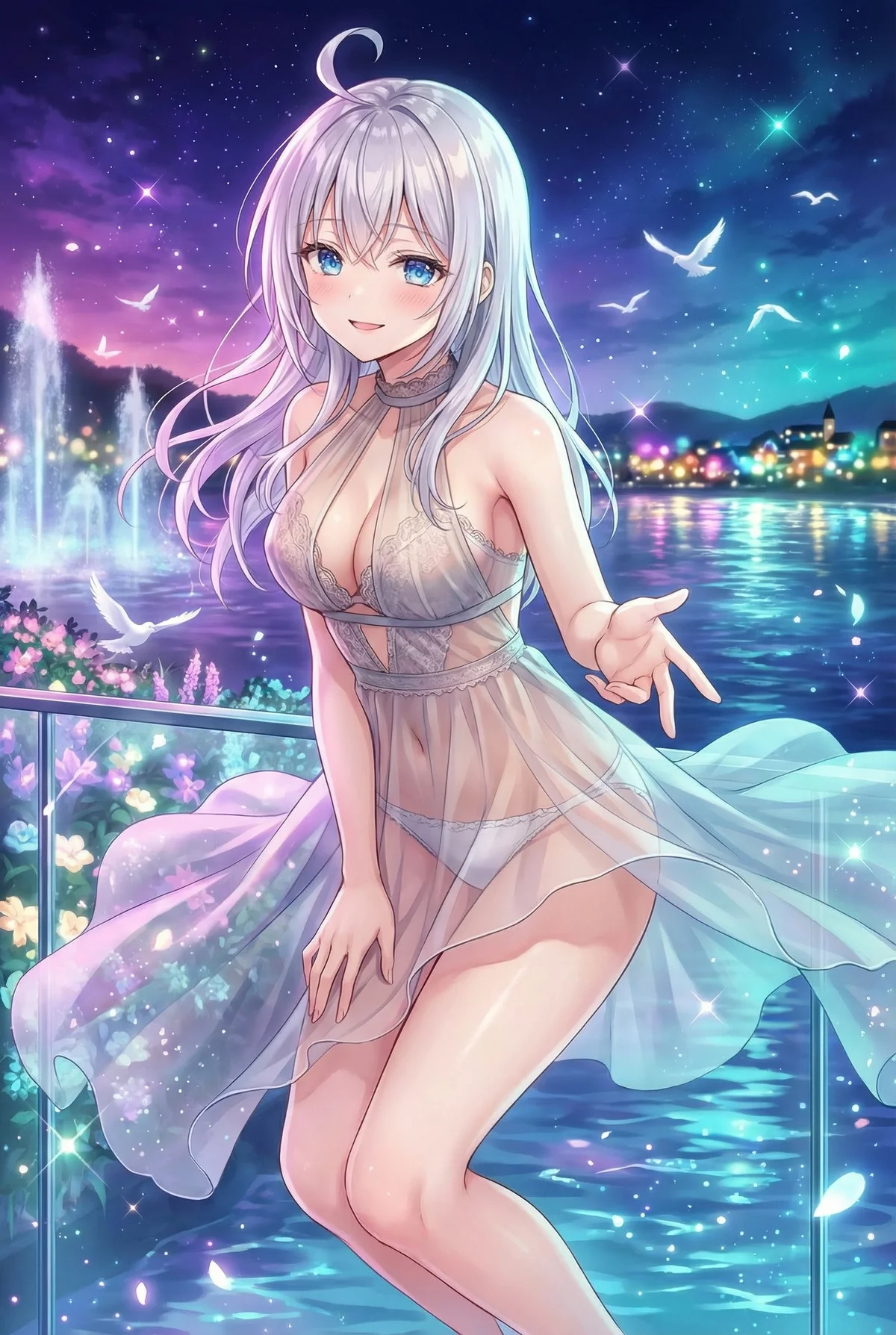 「ロシア語でデレる隣のアーリャさん」のアーリャが、透け感のあるドレスで美しい夜景を背景に微笑んでいます。差し伸べられた手が魅惑的で幻想的な一枚です。