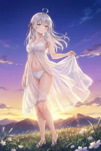 Alyssa’s Dreamy Sunset: White Sheer Dress in a Meadow