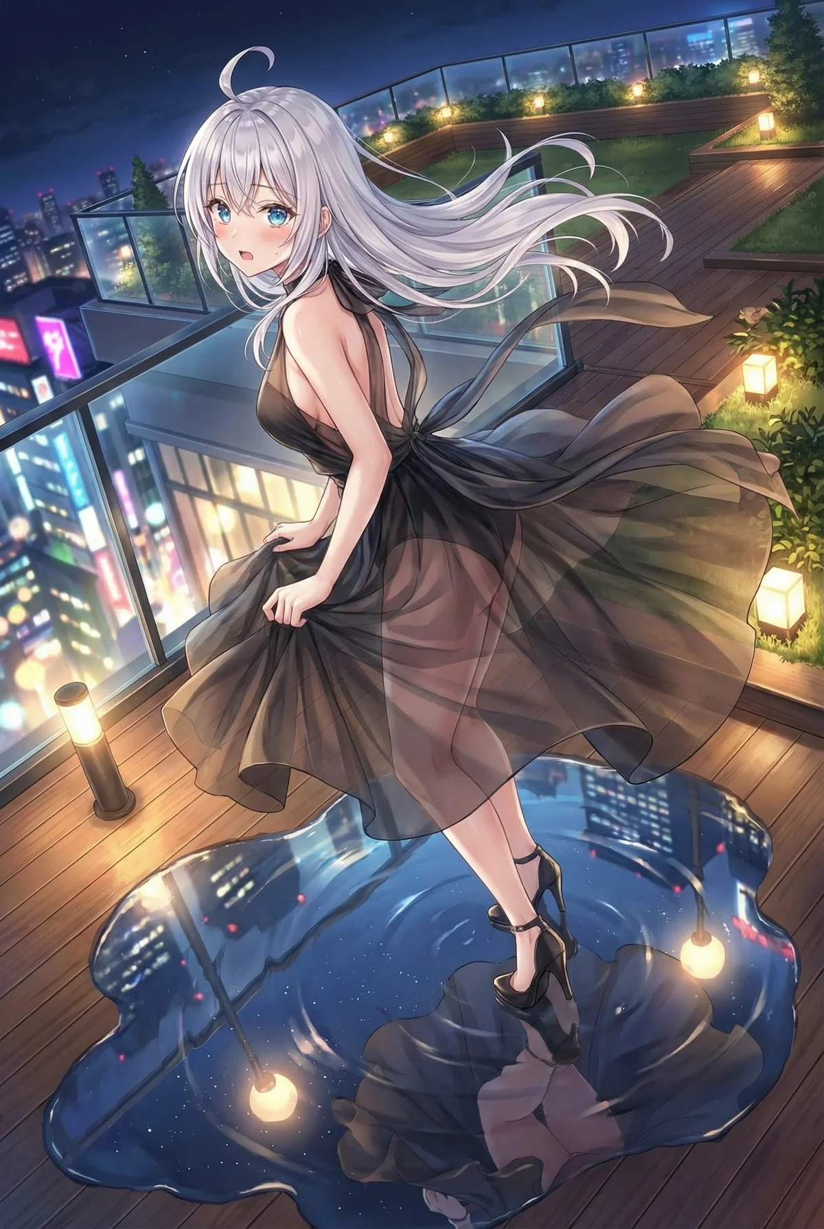 「ロシア語でデレる隣のアーリャさん」のアーリャが、夜景が広がるルーフトップテラスに登場。黒いシースルードレスを纏い、足元の水たまりに反射する幻想的な姿は、大人びた魅力を放ちます。