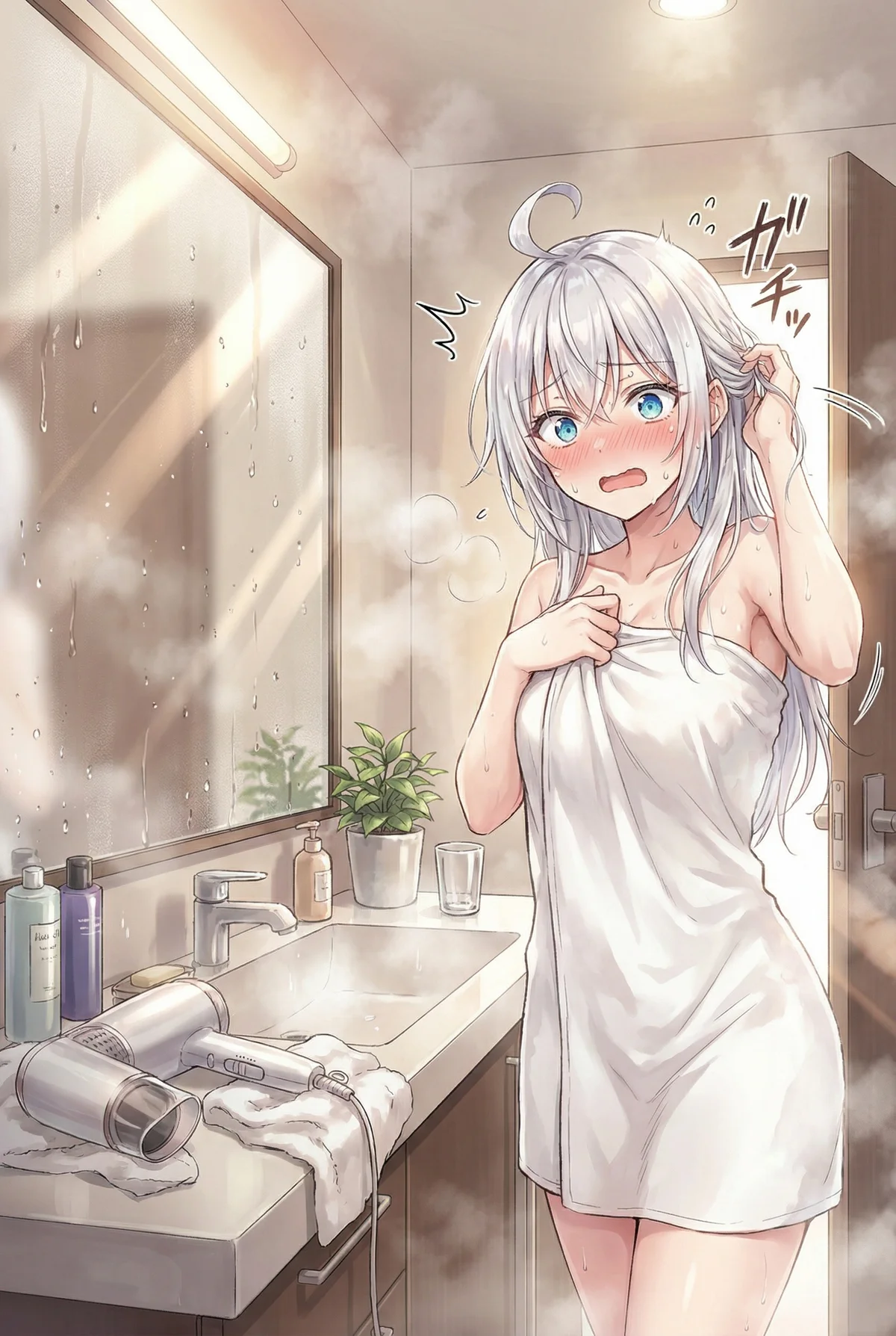 ロシア語でデレる隣のアーリャさん。湯上がりのアーリャがタオル一枚で赤面！蒸気立つ浴室で、見られて戸惑う様子がとっても可愛い一瞬です。