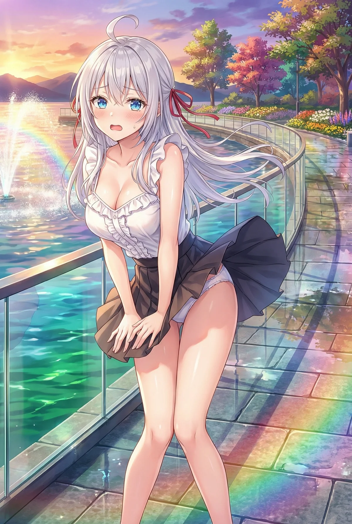 『ロシア語でデレる隣のアーリャさん』のアーリャが、夕焼けと虹が輝く湖畔を散歩中。不意の風でスカートがめくれ上がり、恥じらう表情がとってもキュートな瞬間です。