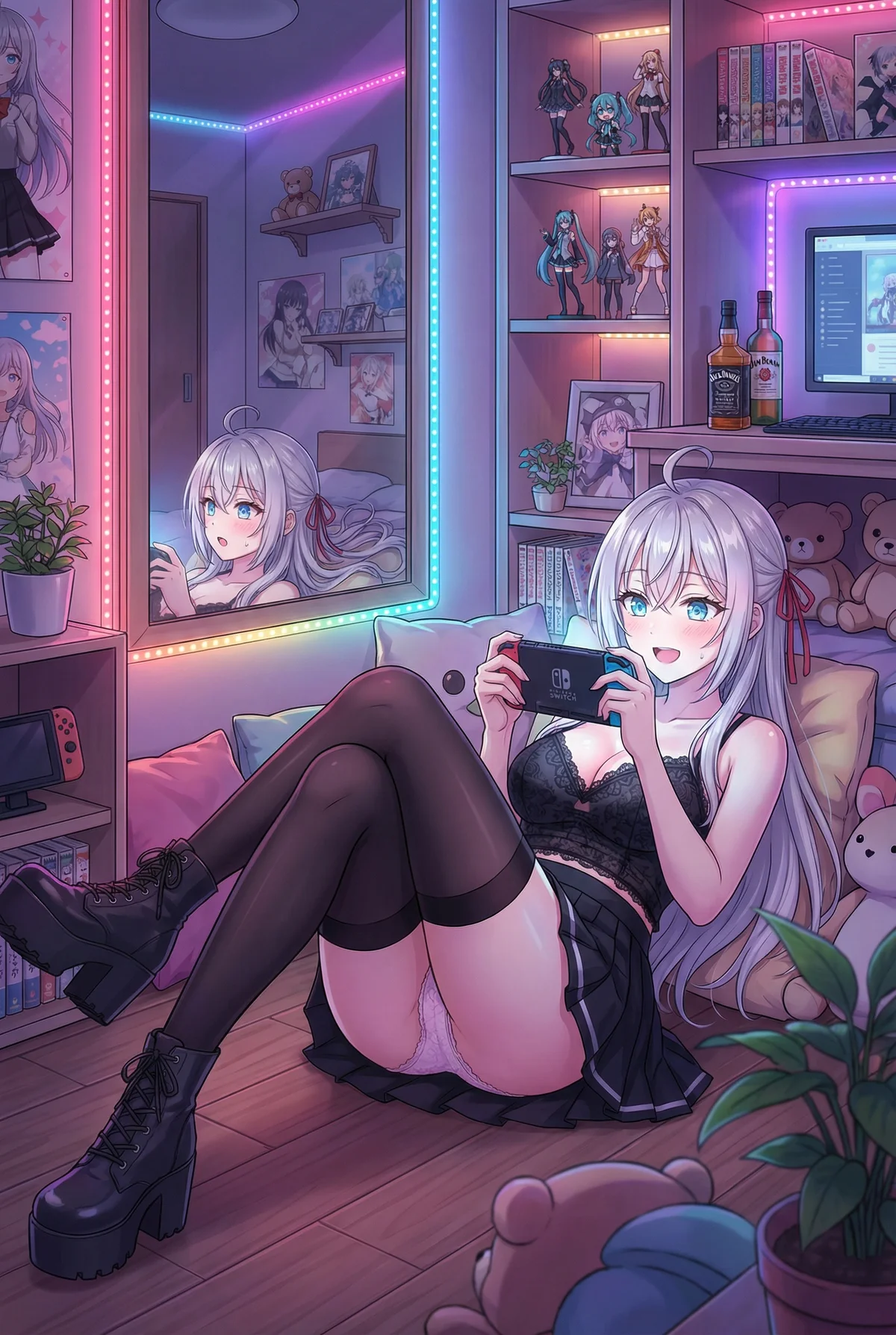 Alya Kujo from "Arya Sometimes Hides Her Feelings in Russian" enjoys a cozy Nintendo Switch game in her private, LED-lit room. Dressed in a black lace top and thigh-highs, she shows her charming gamer side. A captivating, relaxed moment!