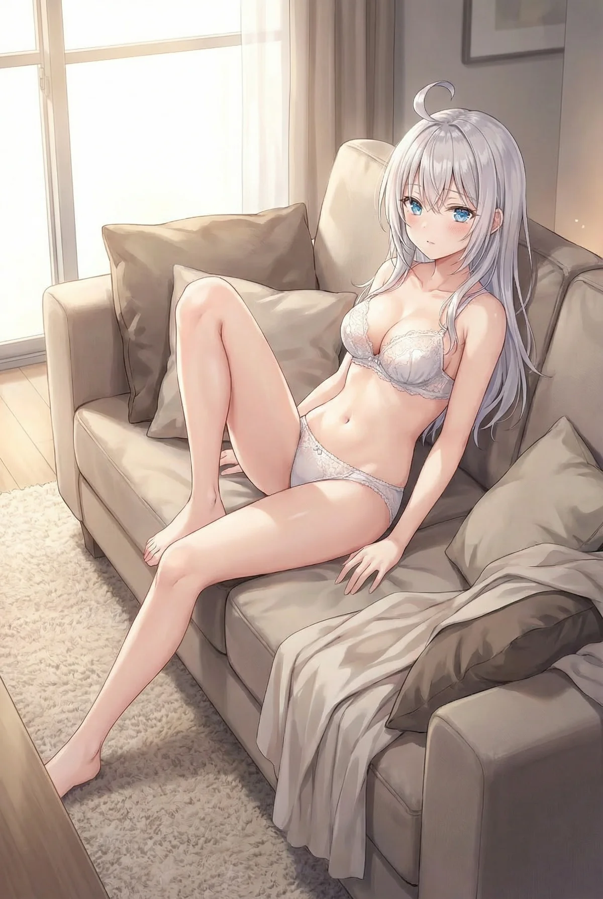 Alya Kujo from Roshidere in white lingerie on a sofa. Shy yet alluring, she's bathed in soft room light.