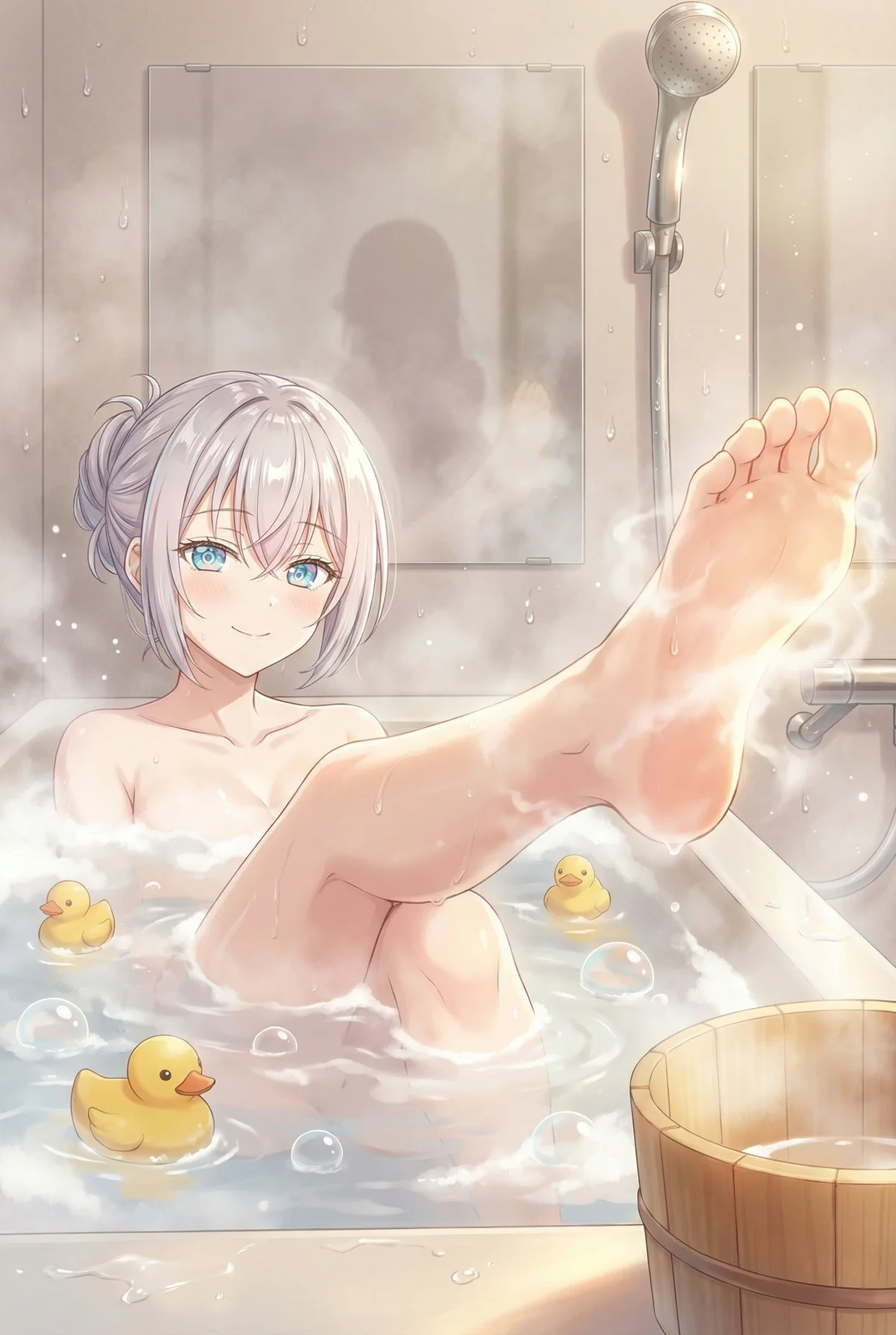 Arisa Kujou (Alya) from "Roshidere" enjoys a warm, steamy bath. She smiles sweetly, raising her leg, surrounded by cute rubber ducks, creating a heartwarming and relaxing scene.