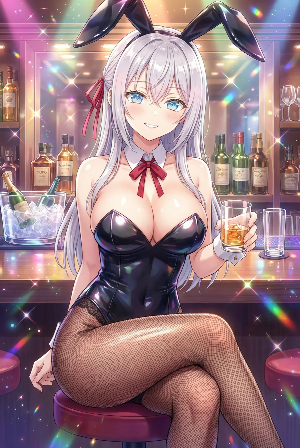 「ロシア語でデレる隣のアーリャさん」のアーリャが、魅惑のバニーガール姿でバーカウンターに。煌めく空間でウィスキーを片手に、大人びた笑顔を見せる姿が美しい。網タイツもセクシー。
