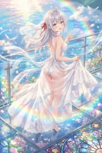 Alisa Kujou in a stunning sheer white dress under a rainbow