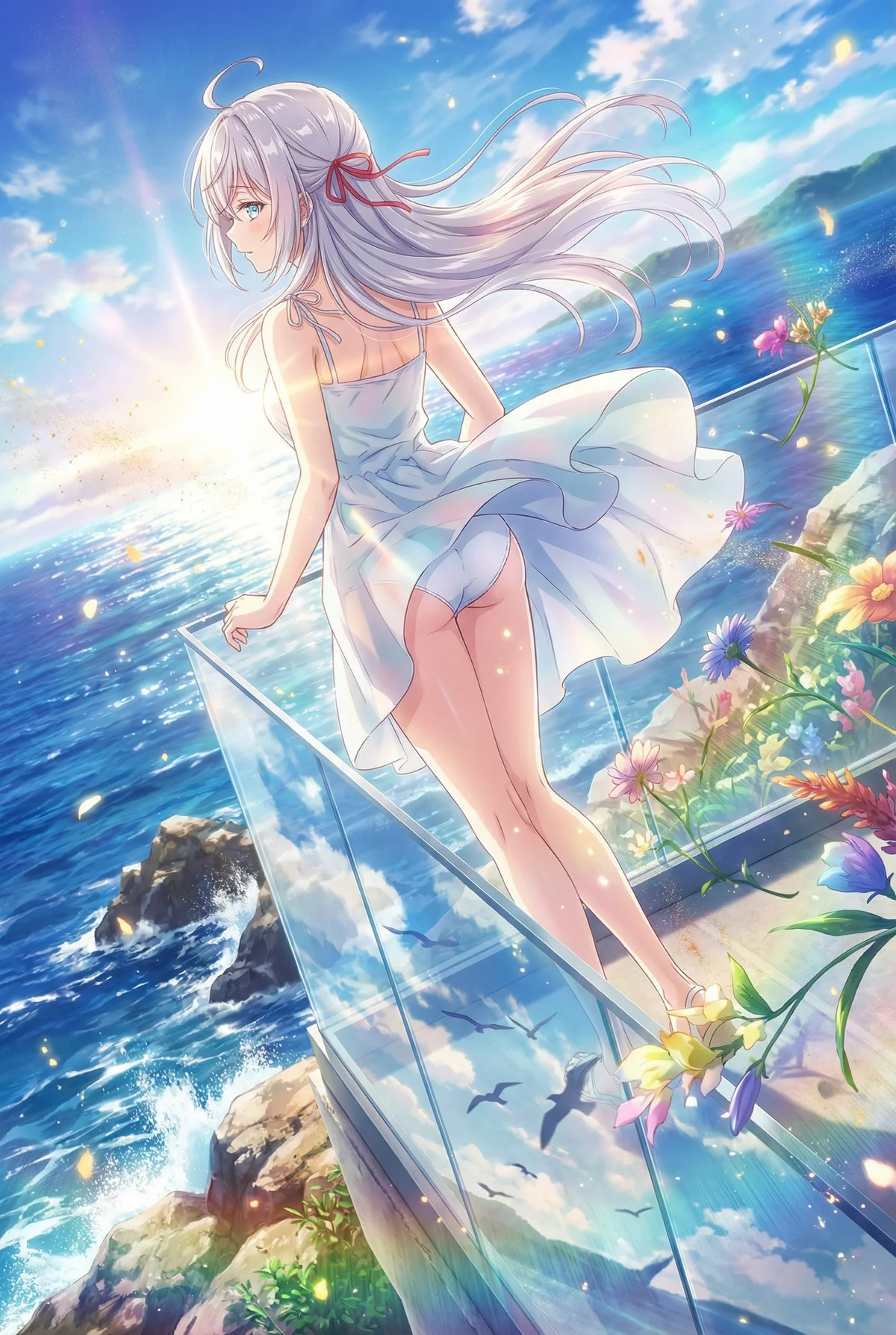 『ロシア語でデレる隣のアーリャさん』のアーリャが、海辺のバルコニーで白いドレスを風になびかせ、眩しい太陽と青い海を眺める美しい一枚。輝く景色の中で、彼女の魅力が際立っています。