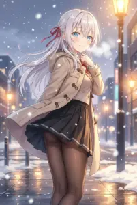 【アーリャ】雪降る夜道、ダッフルコートの笑顔