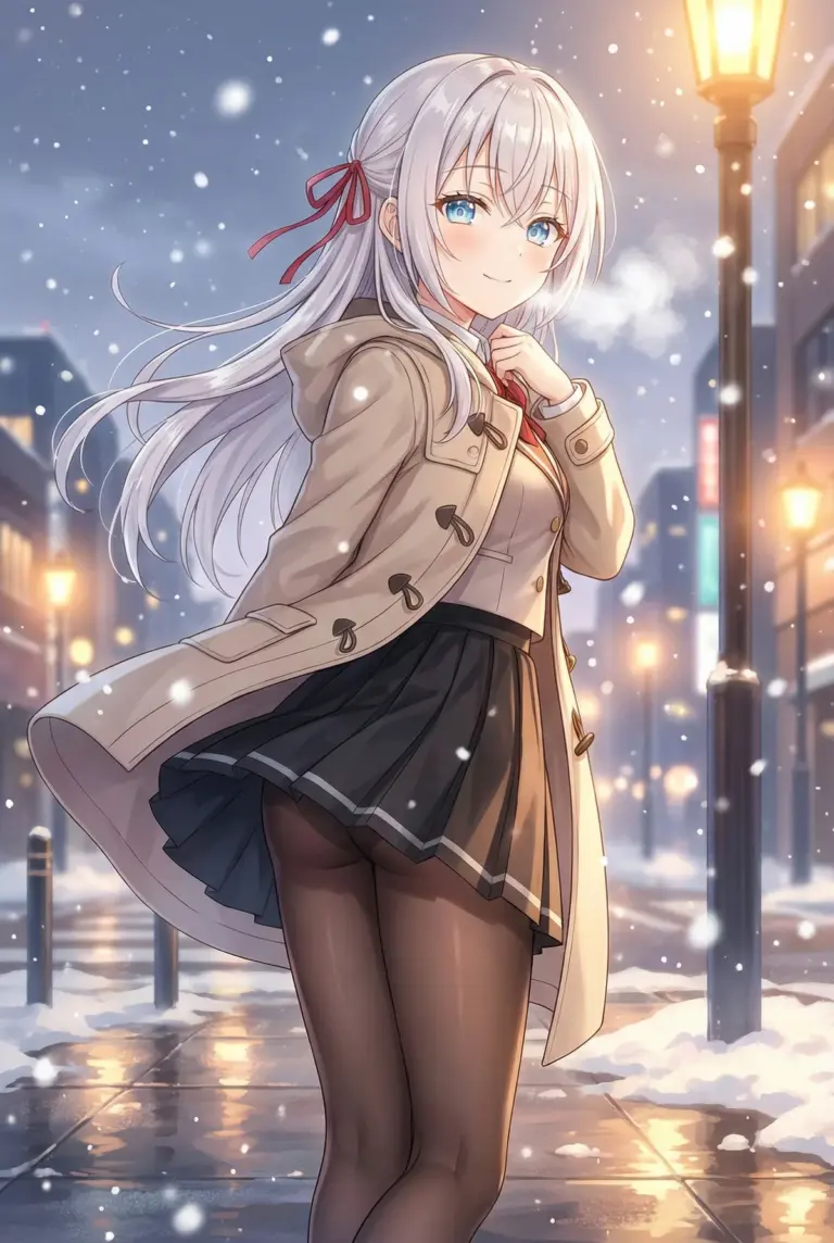 【アーリャ】雪降る夜道、ダッフルコートの笑顔