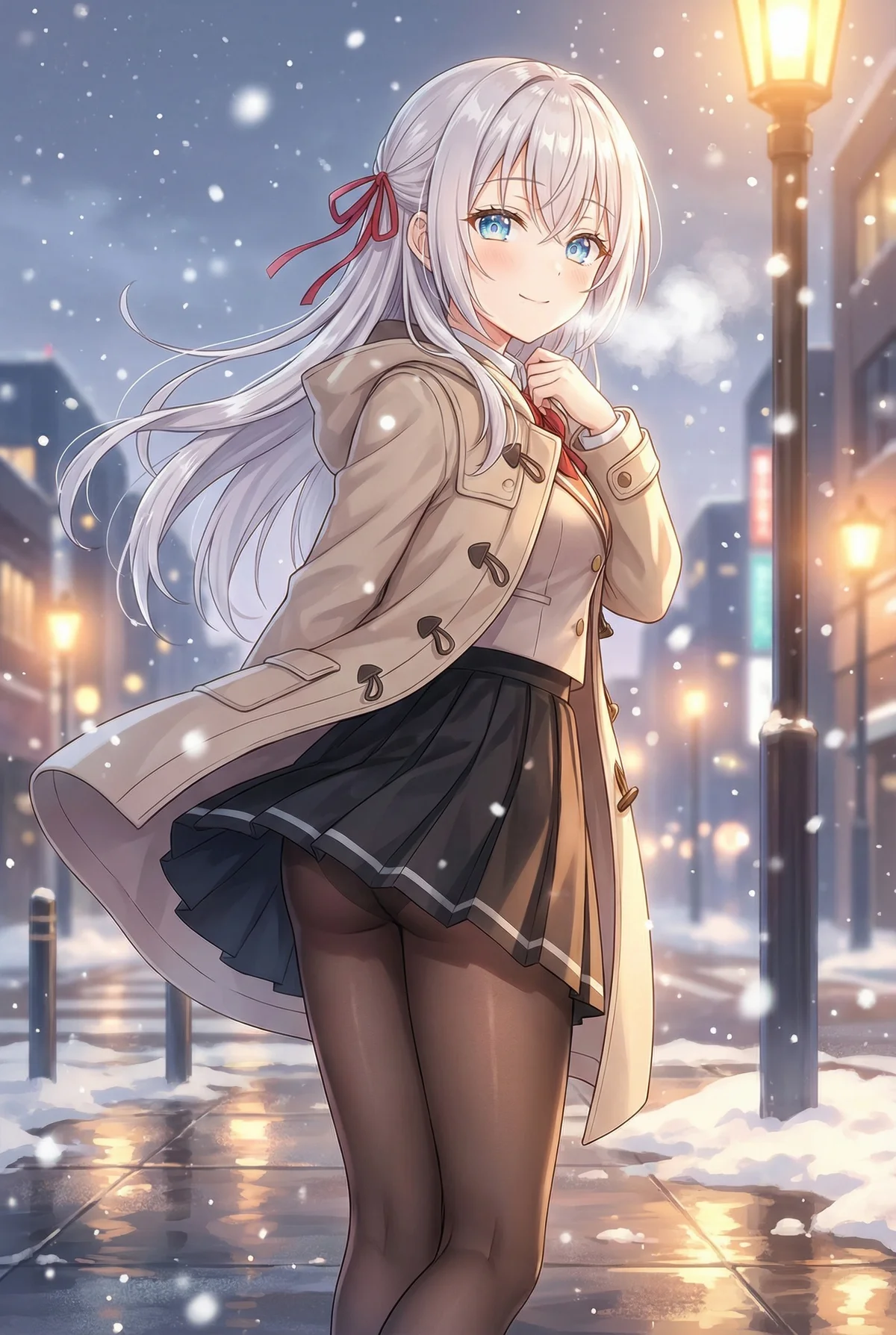 「ロシア語でデレる隣のアーリャさん」のアーリャが、雪が舞う冬の夜道でダッフルコート姿で微笑む。吐く息も白く、冬の寒さの中にも温かさを感じる魅力的なシーンです。