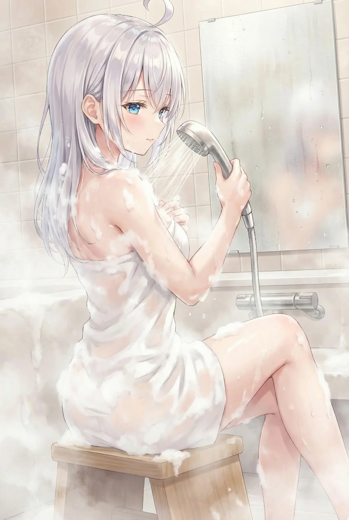 Alisa Mikhailovna Kujou (Alya) from 'Alya Sometimes Hides Her Feelings in Russian' in a steamy bathroom, enjoying a private shower. Her wet hair and delicate expression capture a moment of serene beauty.