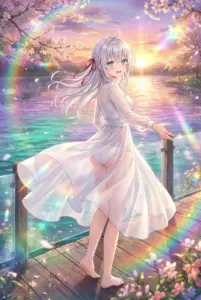 Alisa Kujou: Ethereal Sunset Glow by the Rainbow Lake