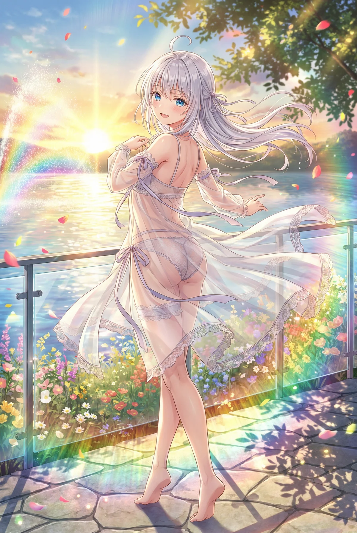 Alisa Kujou (Alya-san) from "Alya Sometimes Sweetly Hides Her Russian Jibberish" shines in elegant sheer lingerie on a balcony. A beautiful sunset, shimmering water, and a rainbow create a captivating, dreamlike atmosphere.