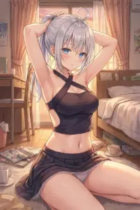 Alya getting ready in her cozy room with a beautiful sunset glow