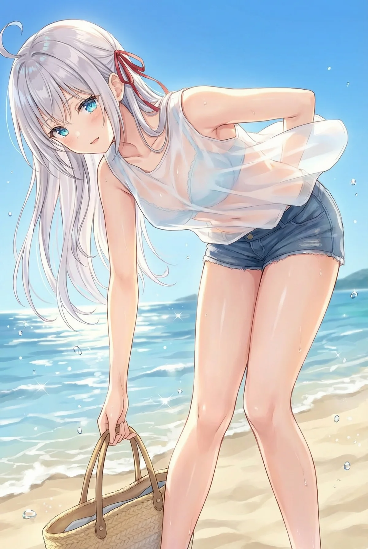 Alya Kujou from 'Alya Sometimes Hides Her Feelings in Russian' enjoys a bright summer day at the beach. Her wet white shirt, denim shorts, and shy smile create a charming and refreshing scene.