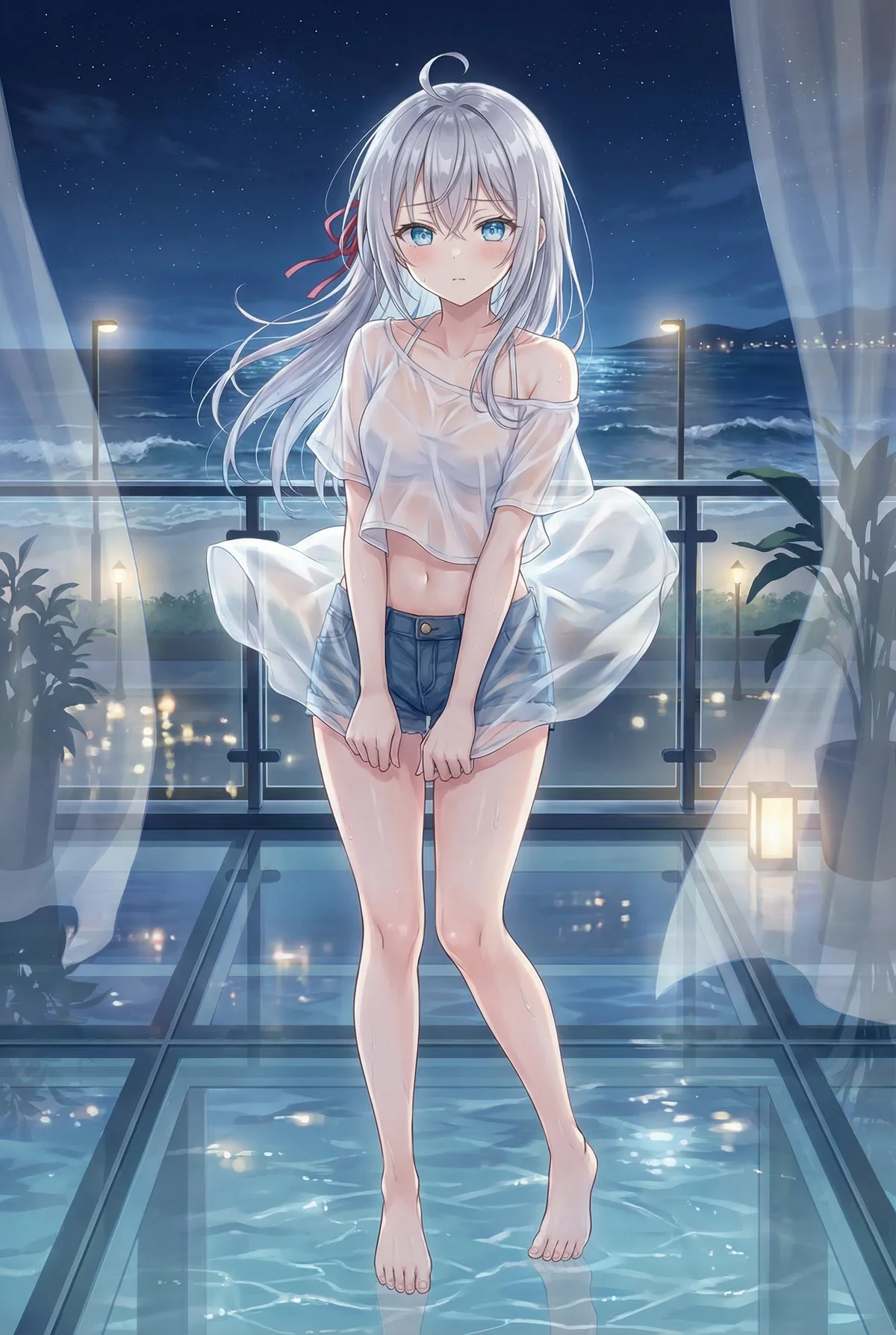 「ロシア語でデレる隣のアーリャさん」ことアリサ・ミハイロヴナ・九条の美しいイラスト。夜の海を望む水辺に佇み、濡れて体に張り付く白いTシャツとショートパンツがドキッとさせる。星空と夜景が幻想的な雰囲気。