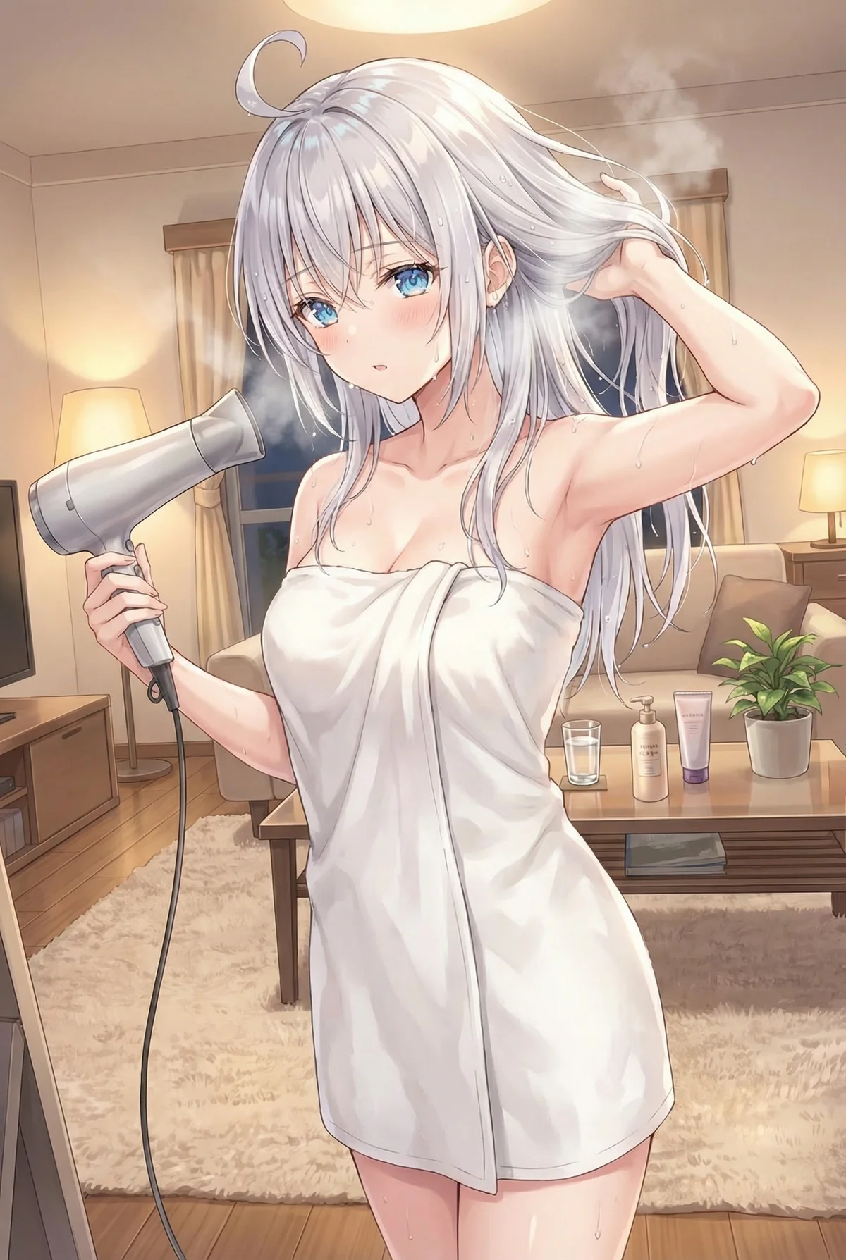Alya (Alisa Mikhailovna Kujou) from "Arya Sometimes Hides Her Feelings in Russian" in a post-bath scene. She's drying her wet silver hair with a hairdryer, wrapped in a towel, with steam rising and a shy, adorable expression.