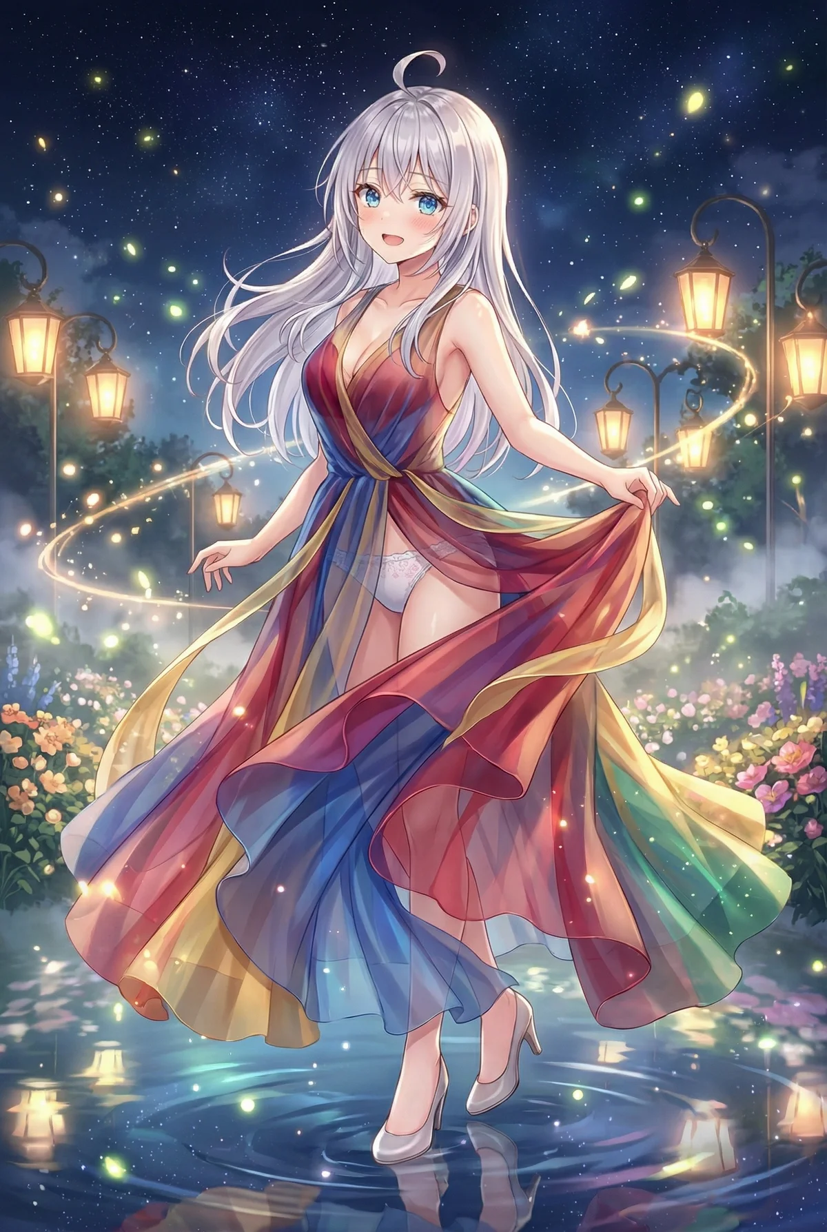 ロシア語でデレる隣のアーリャさんが、星降る夜空の下、鮮やかな虹色ドレスを纏い微笑む姿。水面に映る光が幻想的な、夢のようなワンシーンです。